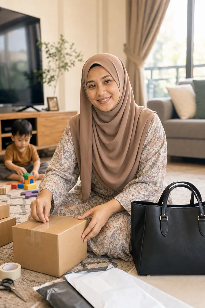 Ibu bekerja dari rumah dengan beg